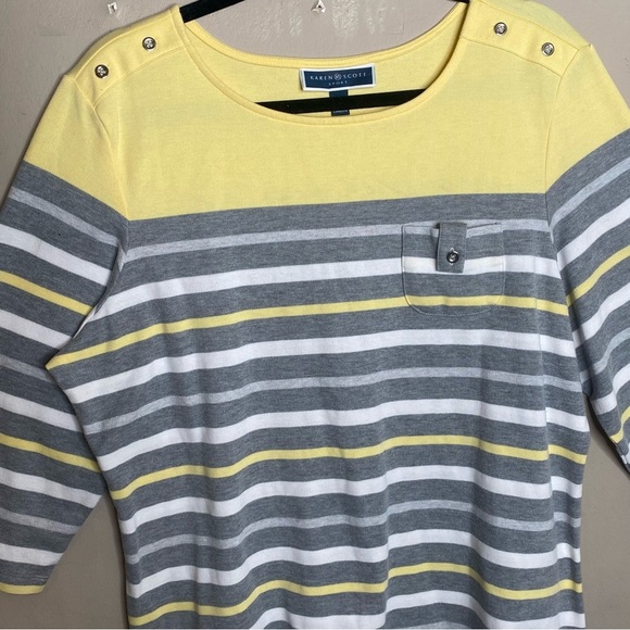 Karen Scott Sport Women’s 3/4 Sleeve Top Yellow Gray Stripes Size 1X - Picture 3 of 16